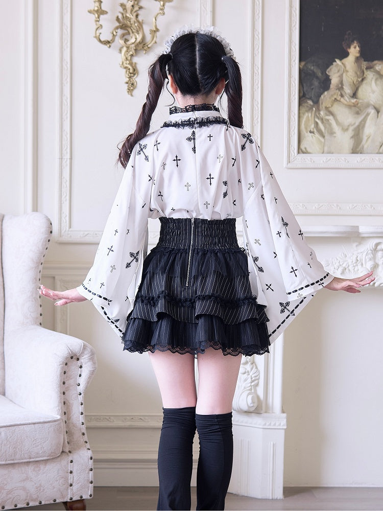 with Bell Sleeves Wrap Top Gothic Cross Print Black Jirai Kei Kimono-Style White
