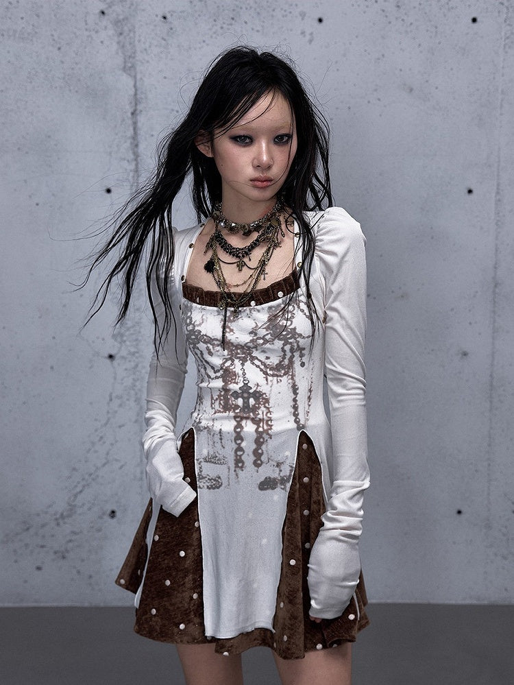 Cross with Brown Punk Vintage Subtle Dress Print Chain Sleeves Beige Puff
