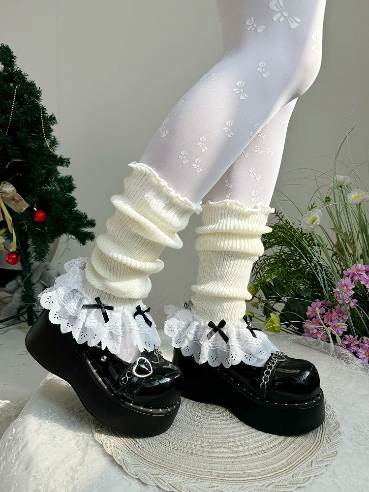 White Bow Lace Trim Lolita Leg Warmers