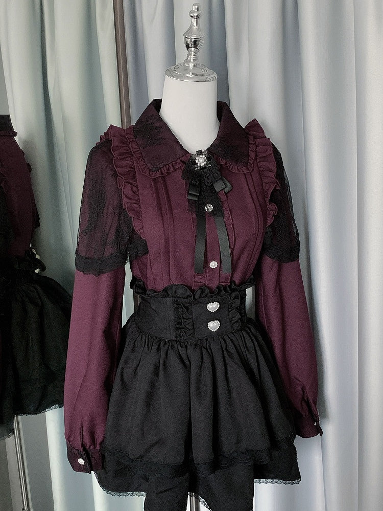 プリーツ衣装 - 黒シャツ ジライケイ スカート 赤 + 詳細 ティアード