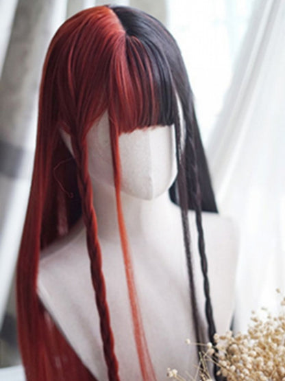 Rot-schwarze, geteilte, hüftlange, glatte Perücke mit vollem Pony