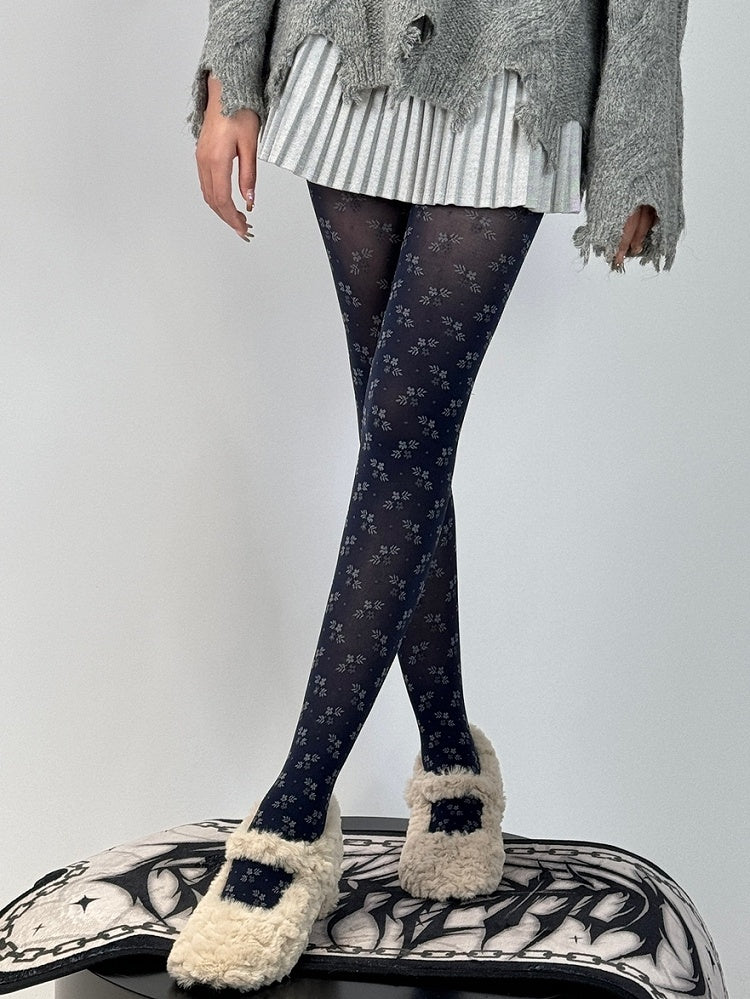 Dark Floral Blue Tights