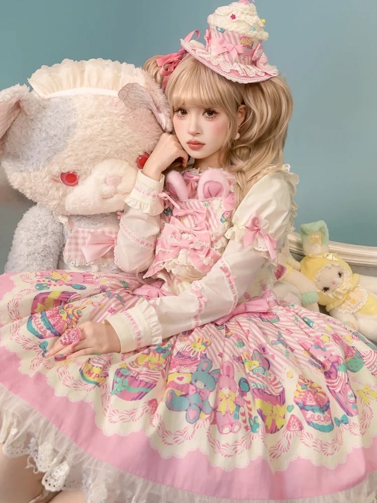 and Pink Sweet Lolita Bunny Print Dress Overall White Cupcake