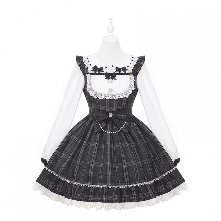 Waist Bow Jirai Dress: Pan Peter Gray Big with Academia Vintage Kei Collar Plaid