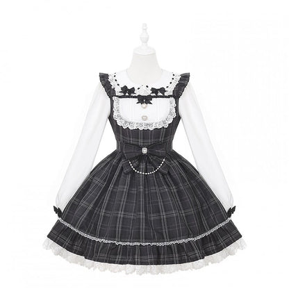 Waist Bow Jirai Dress: Pan Peter Gray Big with Academia Vintage Kei Collar Plaid