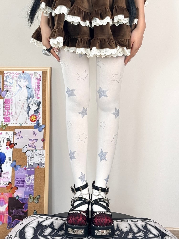 Sweet Tights Print White Star Lolita