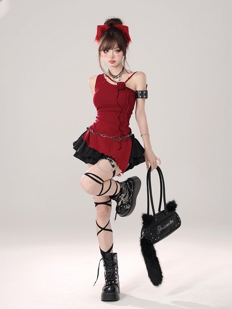 Asymmetrical Shoulder Sleeveless Top with Rose Accent Red