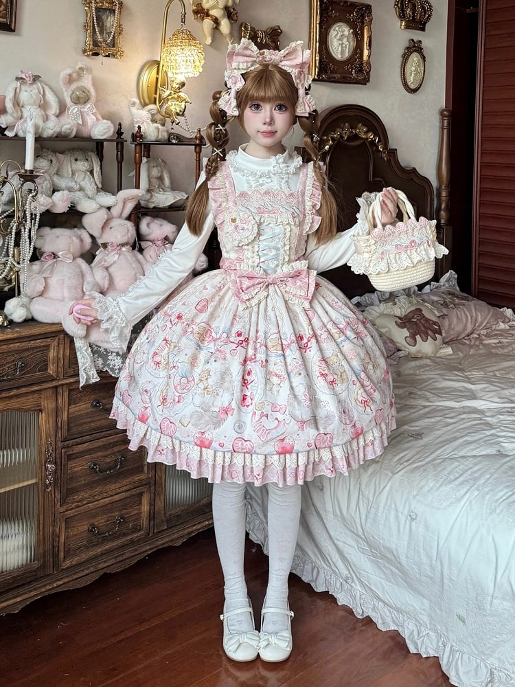 Pink Sweet Strawberry Print Lolita JSK Dress with Detachable Bow and Heart Brooch - wawao good night bear