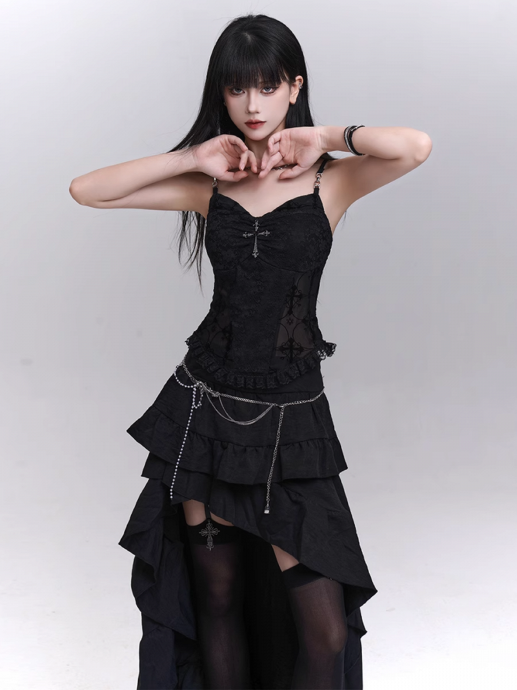 with Beaded Black Lace Patches Waist Cross Decorated Cami Top Chains