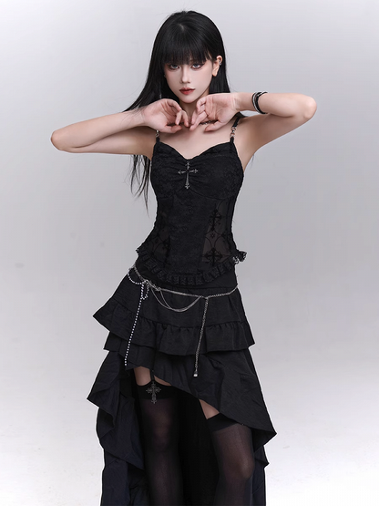 with Beaded Black Lace Patches Waist Cross Decorated Cami Top Chains