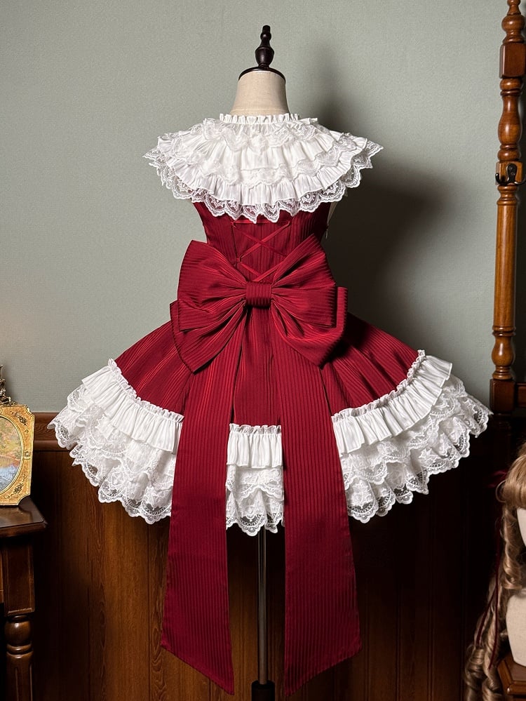 Süßes ärmelloses Lolita-Kleid aus rot gestreiftem Stoff mit schmaler Taille und Rüschenkragen