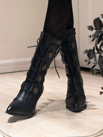 Schnürstiefel mit spitzer Spitze und Schnalle aus Leder, halbhohe Stiefel, elegante Verzierungen – mit Absätzen, Lolita PU und Schwarz