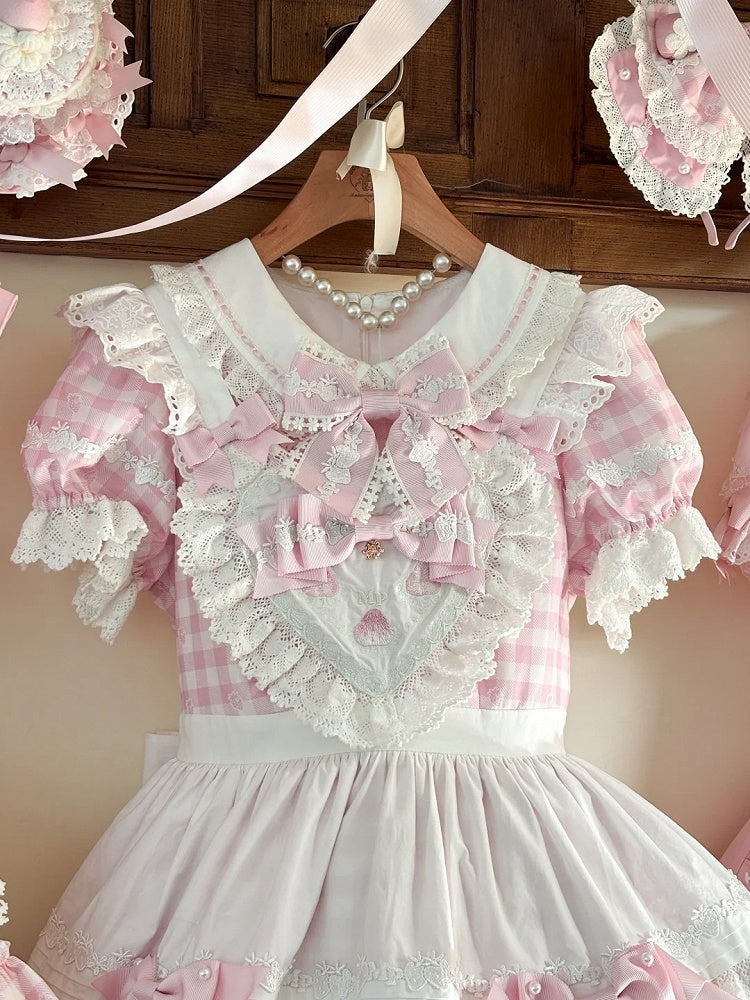 Lolita Print White Pink Puff Sleeves Gingham Sweet with Strawberry Dress