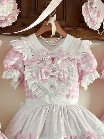 Lolita Print White Pink Puff Sleeves Gingham Sweet with Strawberry Dress