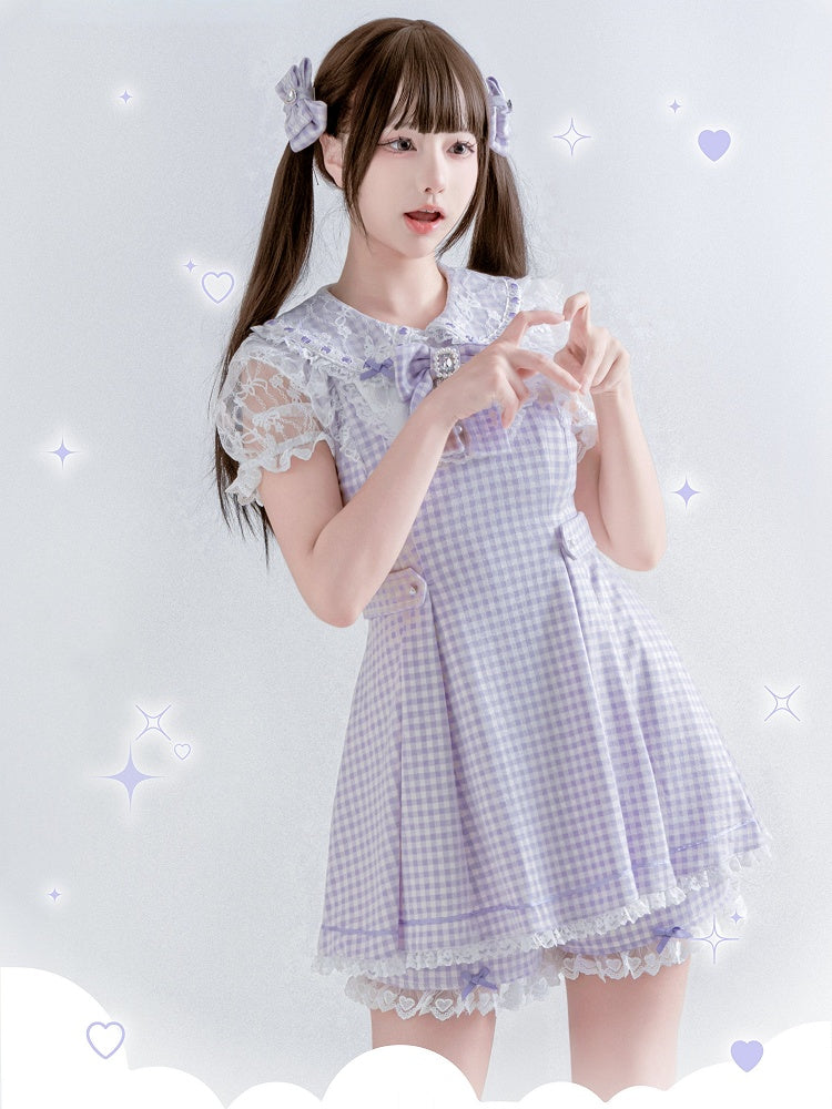 Purple & White Plaid Bow Lace Dress with Shorts - Ostslheep