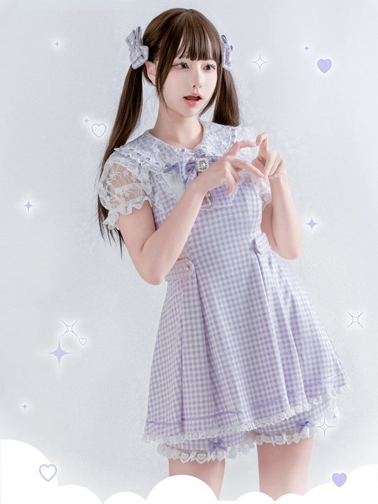 Purple & White Plaid Bow Lace Dress with Shorts - Ostslheep