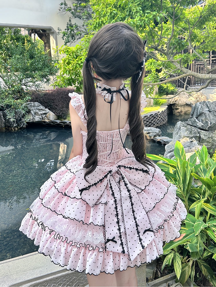 Sleeves Boned Detachable Sweet Waist Dress with Retro Polka Dots Lolita Pink Puff