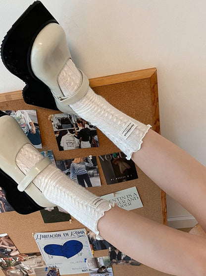 3 Socks Patch Cotton Cable with Ruffled Knit Colors Decoration