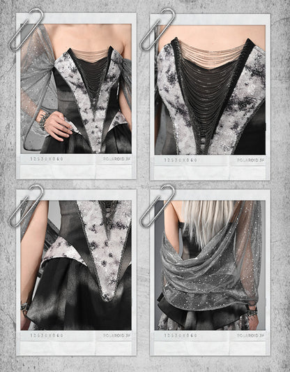 Futuristisches schwarzes Basken-Taillen-Metall-Y3K-Kapuzenkleid mit Taschentuch-Saumketten Cyberpunk-Modefront