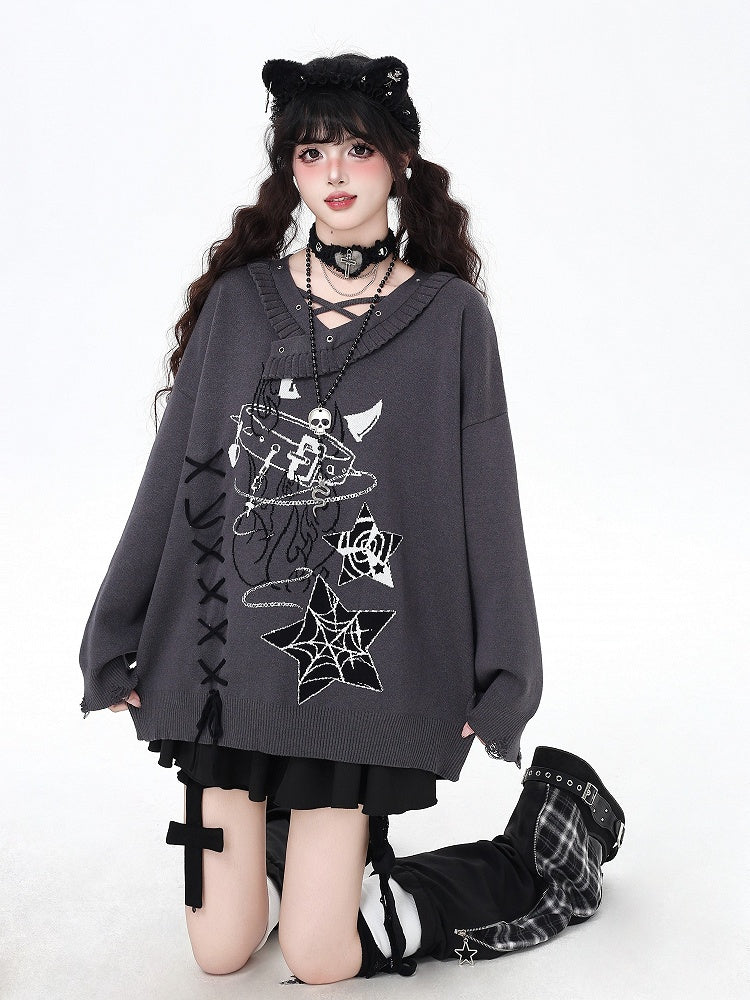 Black/Gray Lace-Up Sweater with Spiderweb Pentagram  Choker Print Gothic