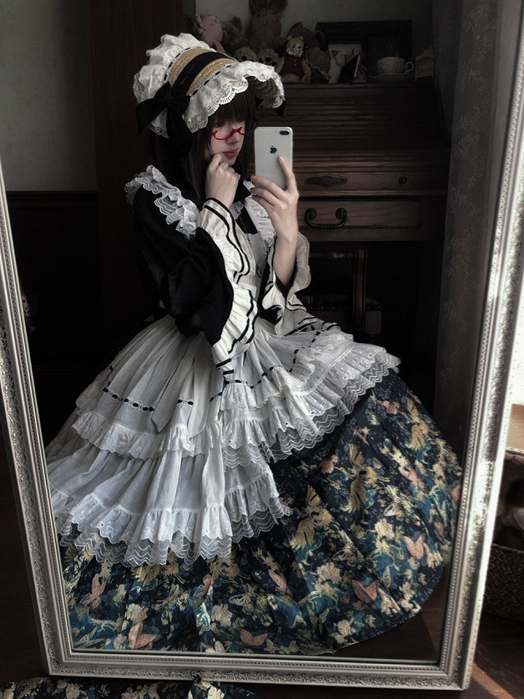 White Bell Bonnet Black Han Floral Apron Horse-face Sleeves Print Top Lolita + Skirt Set
