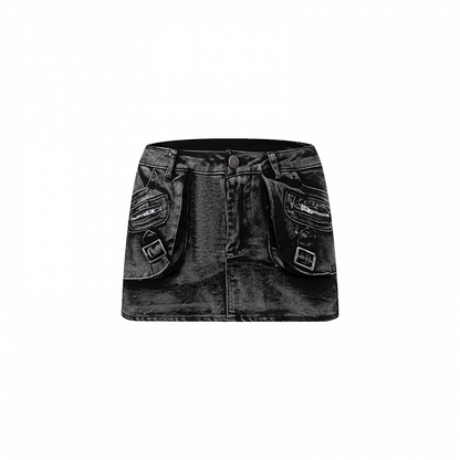 Waist Faded Wash Distressed Design Black Low Mini Denim Skirt Bodycon