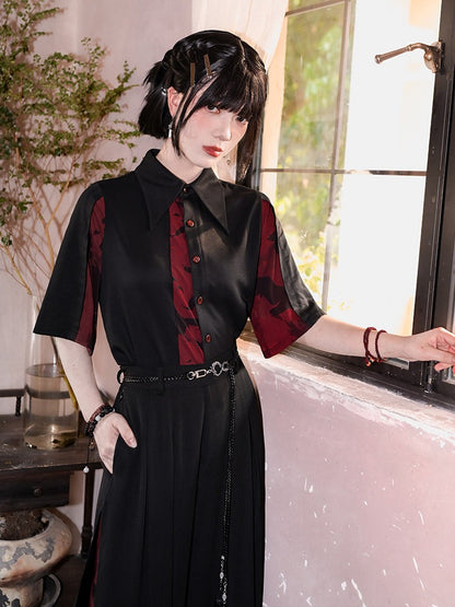 Gothic Black and Red Spliced Pointed Flat Collar Short Sleeve Shirt with Crow Motif - Quirky Hut