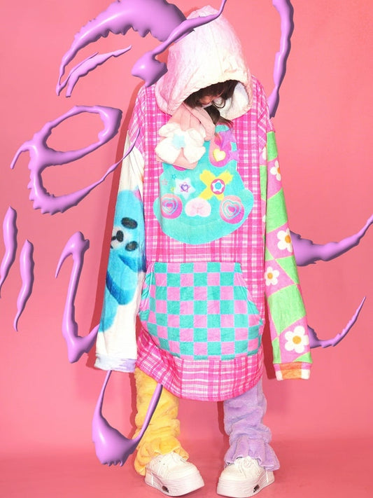 Colorful Oversized Floral And Pattern Hooded Cartoon Print Y2K Dress Plaid