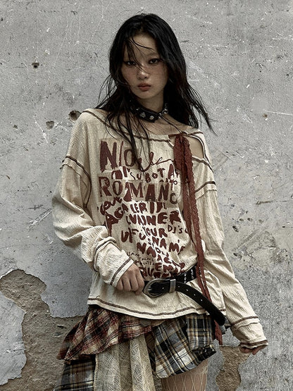 Letter Print Apricot Top Neck Punk Self-tie with Straps Distressed Cutout Wasteland Red