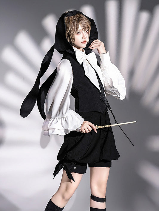 Ouji Lolita-Weste mit Kapuze und schwarzen Ohren, übergroß, Hase