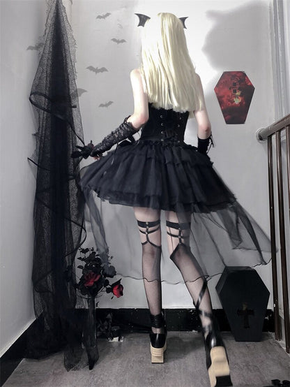 Black Sweetheart Neckline Corset Waist Jacquard Kuro Lolita Jumper Skirt with Rosette Accent - Unknown Star