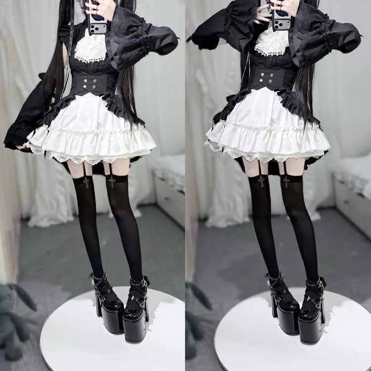 Double-Breasted Ruffle Cascading Gothic Corset Overlay with Belt Black