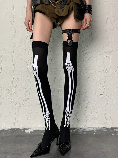 Over-knee Print Black Stockings Y2K Bone