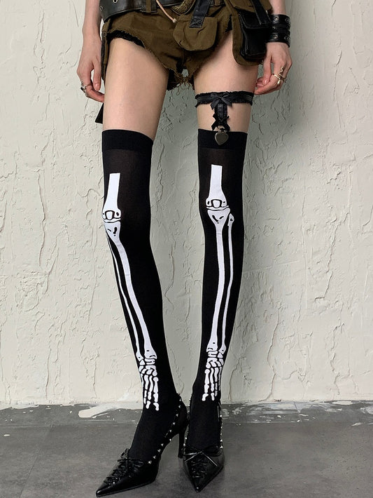 Overknee-Strümpfe mit Print in Schwarz Y2K Bone