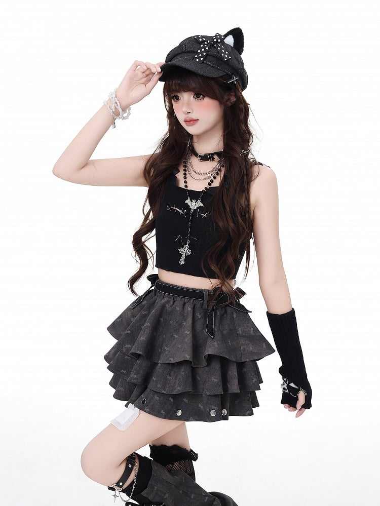 with Leg Details Tiered Skirt Warmers Flared Free Gray Bowknot Dark