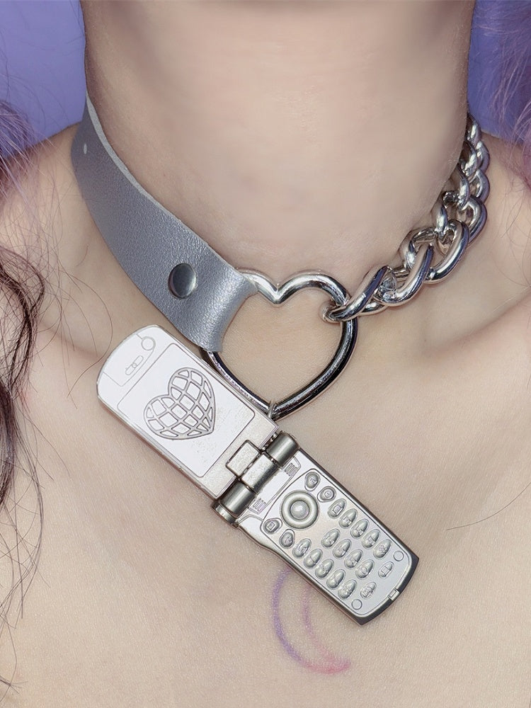 PU Pink/Silver Phone Y2K Pendant Choker
