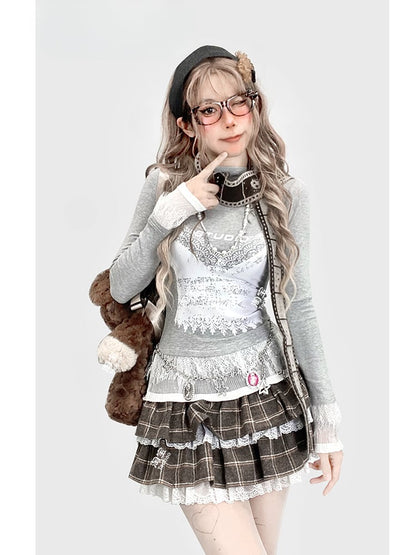 コーヒーチェック柄レースヘムティアードスカート