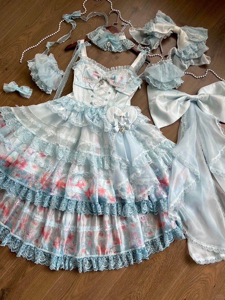 Robe salopette asymétrique imprimé poisson rouge - Mewroco