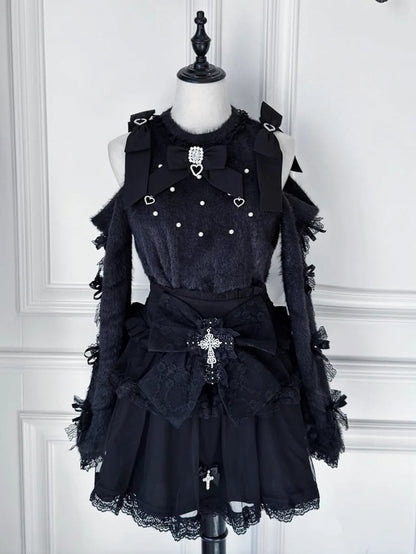 Black Jirai Kei Sweater - Bow Sleeve with Beadwork & Cutout Shoulder