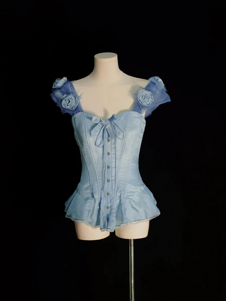 Boned Corset Top with Detachable Floral Adornments Hem Flounce Blue Sky