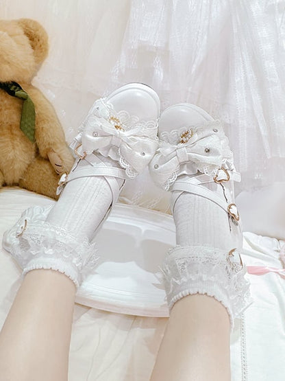 White Jirai Kei Platform Block Heels with Heart Buckles & Crisscross Bow Top - Transfer Student