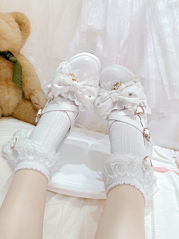 White Jirai Kei Platform Block Heels with Heart Buckles & Crisscross Bow Top - Transfer Student