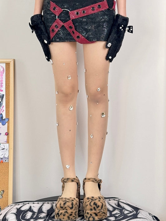 Nude/White Y2K Tights Rhinestone Decorated