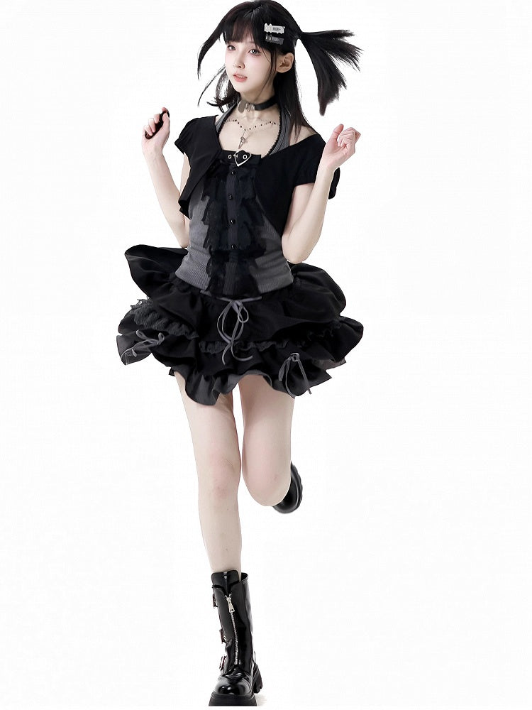 Schwarz-grauer glamouröser Stufenrock mit Schnürdetail