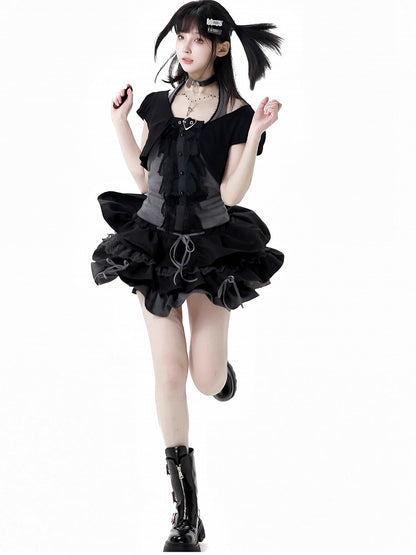 Schwarz-grauer glamouröser Stufenrock mit Schnürdetail