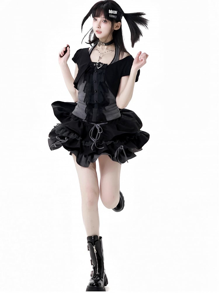 スカート クロップドトップ + ホルターネックトップ + ティアードスリーブ Y2K ブラック &amp; グレー 3ピースセット - ショート