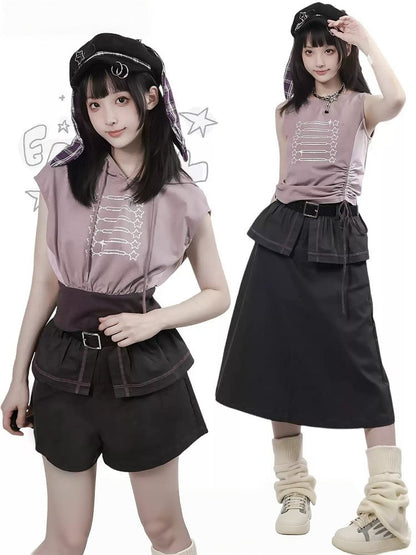 Dark Gray Shorts with Faux Layered Two-Piece Look - PINK SAVIOR