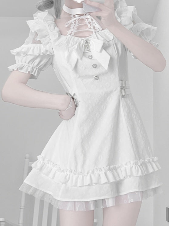 Weißes Jirai-Kleid mit Schnürung und Neck Kei-Krawattenschleife