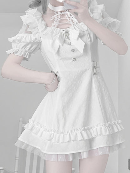 Weißes Jirai-Kleid mit Schnürung und Neck Kei-Krawattenschleife