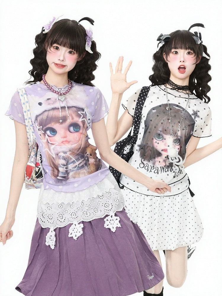 Purple Mesh Tee with Cartoon Girl & Polka Dot Motif - Languid Park